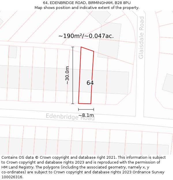 64, EDENBRIDGE ROAD, BIRMINGHAM, B28 8PU: Plot and title map