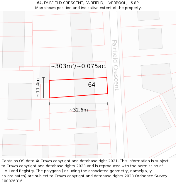 64, FAIRFIELD CRESCENT, FAIRFIELD, LIVERPOOL, L6 8PJ: Plot and title map