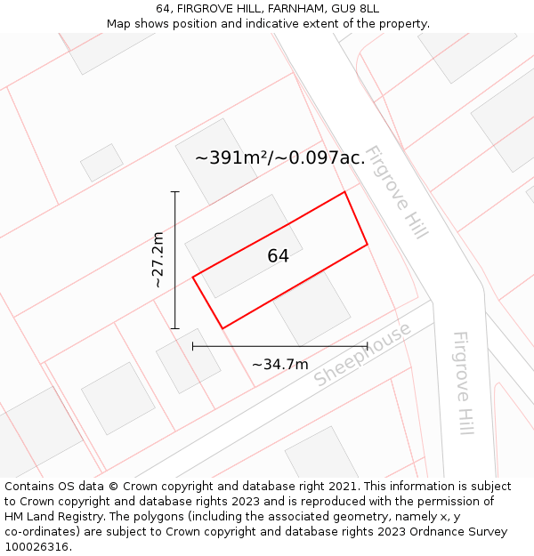 64, FIRGROVE HILL, FARNHAM, GU9 8LL: Plot and title map