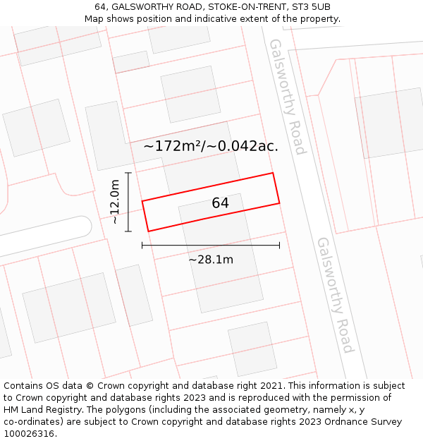 64, GALSWORTHY ROAD, STOKE-ON-TRENT, ST3 5UB: Plot and title map