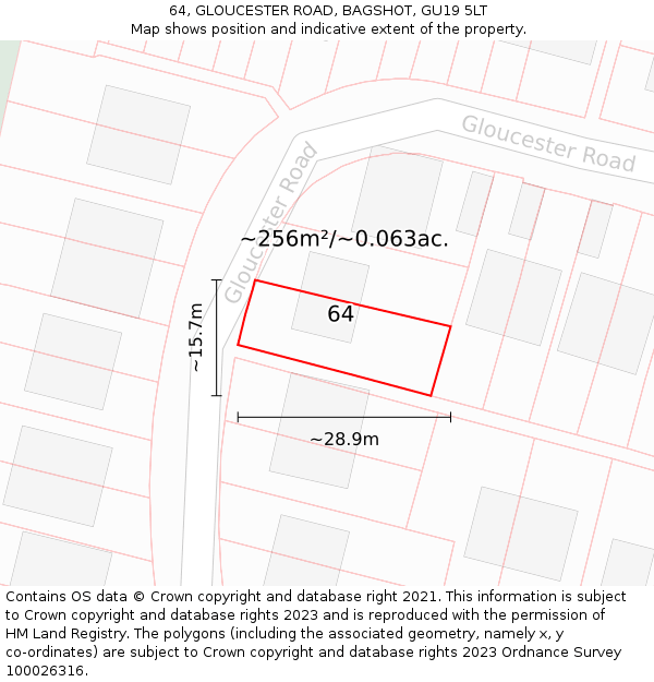 64, GLOUCESTER ROAD, BAGSHOT, GU19 5LT: Plot and title map