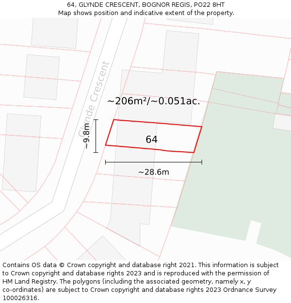 64, GLYNDE CRESCENT, BOGNOR REGIS, PO22 8HT: Plot and title map