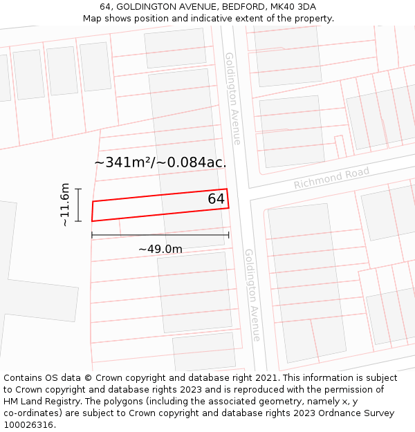 64, GOLDINGTON AVENUE, BEDFORD, MK40 3DA: Plot and title map