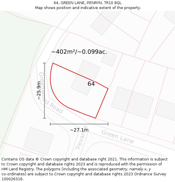 64, GREEN LANE, PENRYN, TR10 8QL: Plot and title map