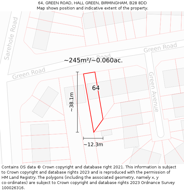 64, GREEN ROAD, HALL GREEN, BIRMINGHAM, B28 8DD: Plot and title map