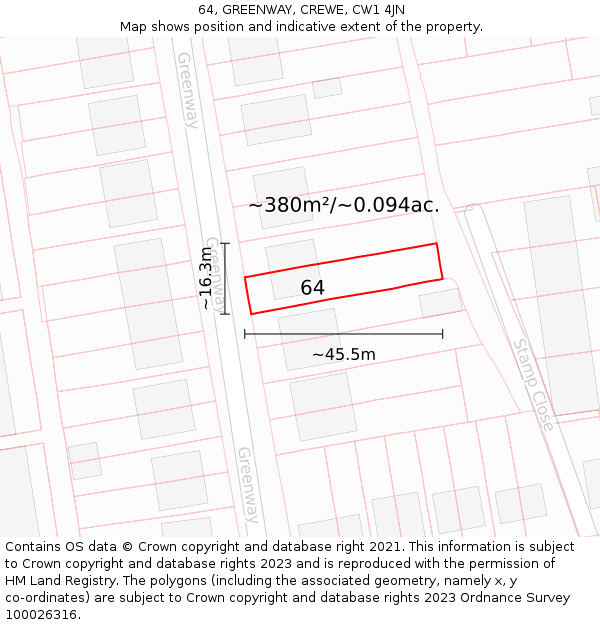 64, GREENWAY, CREWE, CW1 4JN: Plot and title map