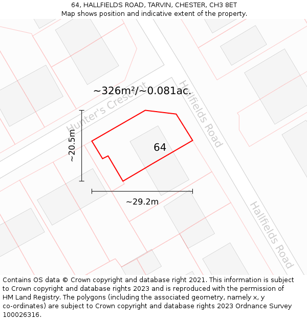 64, HALLFIELDS ROAD, TARVIN, CHESTER, CH3 8ET: Plot and title map