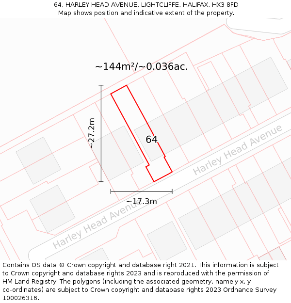 64, HARLEY HEAD AVENUE, LIGHTCLIFFE, HALIFAX, HX3 8FD: Plot and title map