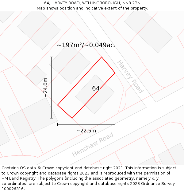 64, HARVEY ROAD, WELLINGBOROUGH, NN8 2BN: Plot and title map