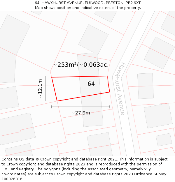 64, HAWKHURST AVENUE, FULWOOD, PRESTON, PR2 9XT: Plot and title map