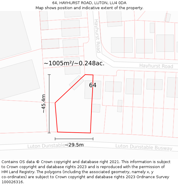 64, HAYHURST ROAD, LUTON, LU4 0DA: Plot and title map