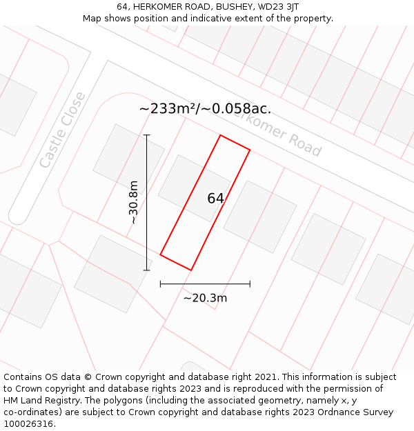 64, HERKOMER ROAD, BUSHEY, WD23 3JT: Plot and title map