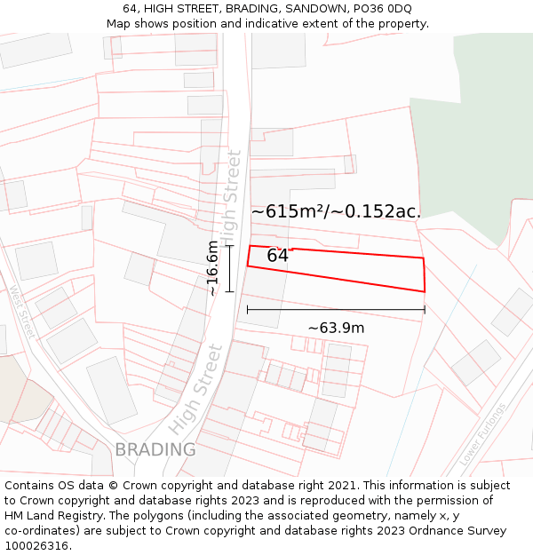 64, HIGH STREET, BRADING, SANDOWN, PO36 0DQ: Plot and title map