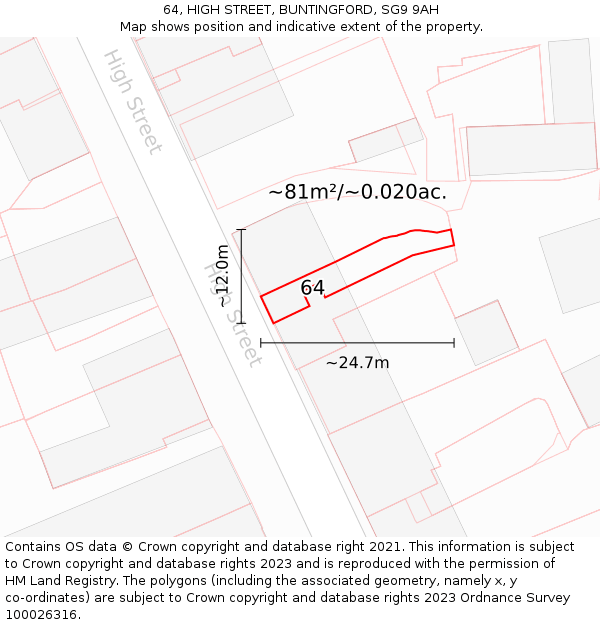 64, HIGH STREET, BUNTINGFORD, SG9 9AH: Plot and title map