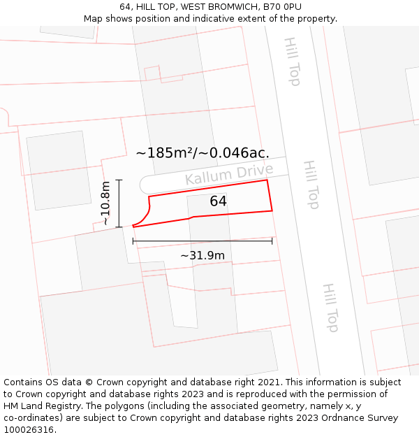 64, HILL TOP, WEST BROMWICH, B70 0PU: Plot and title map