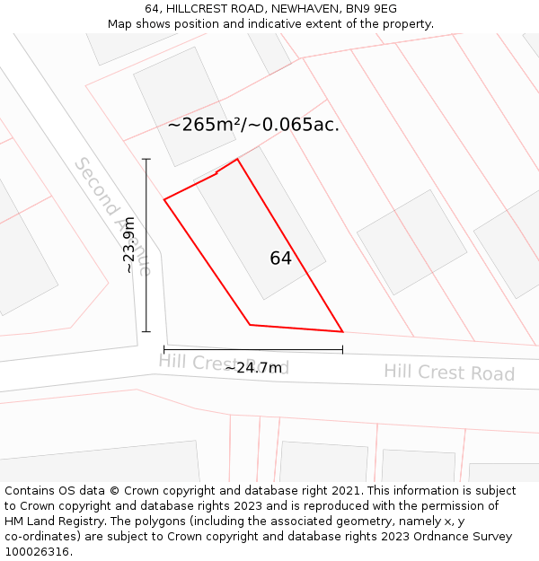 64, HILLCREST ROAD, NEWHAVEN, BN9 9EG: Plot and title map