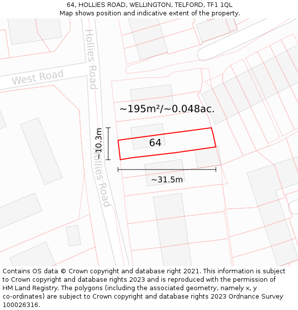 64, HOLLIES ROAD, WELLINGTON, TELFORD, TF1 1QL: Plot and title map