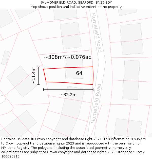 64, HOMEFIELD ROAD, SEAFORD, BN25 3DY: Plot and title map