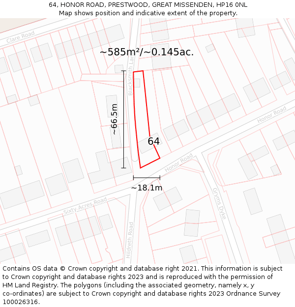 64, HONOR ROAD, PRESTWOOD, GREAT MISSENDEN, HP16 0NL: Plot and title map
