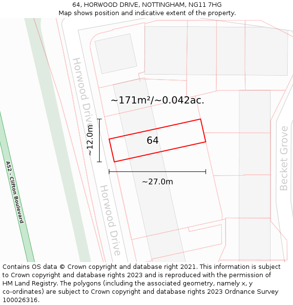 64, HORWOOD DRIVE, NOTTINGHAM, NG11 7HG: Plot and title map