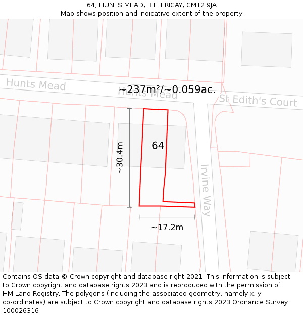 64, HUNTS MEAD, BILLERICAY, CM12 9JA: Plot and title map