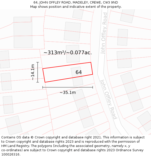 64, JOHN OFFLEY ROAD, MADELEY, CREWE, CW3 9ND: Plot and title map