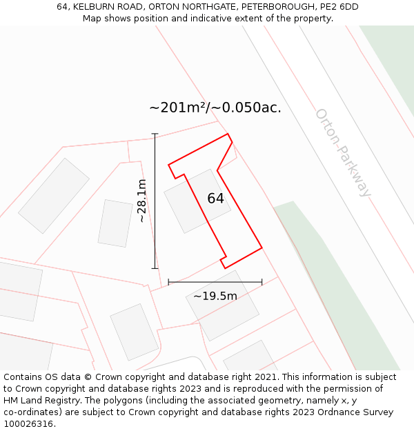 64, KELBURN ROAD, ORTON NORTHGATE, PETERBOROUGH, PE2 6DD: Plot and title map