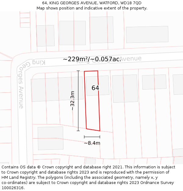 64, KING GEORGES AVENUE, WATFORD, WD18 7QD: Plot and title map