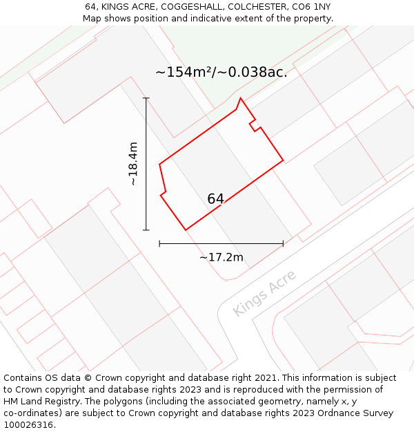 64, KINGS ACRE, COGGESHALL, COLCHESTER, CO6 1NY: Plot and title map