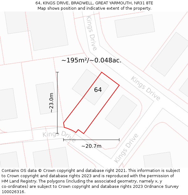 64, KINGS DRIVE, BRADWELL, GREAT YARMOUTH, NR31 8TE: Plot and title map