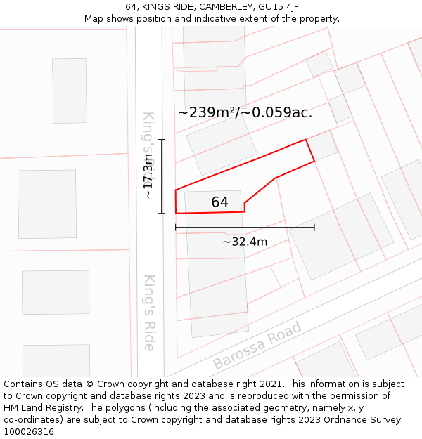 64, KINGS RIDE, CAMBERLEY, GU15 4JF: Plot and title map