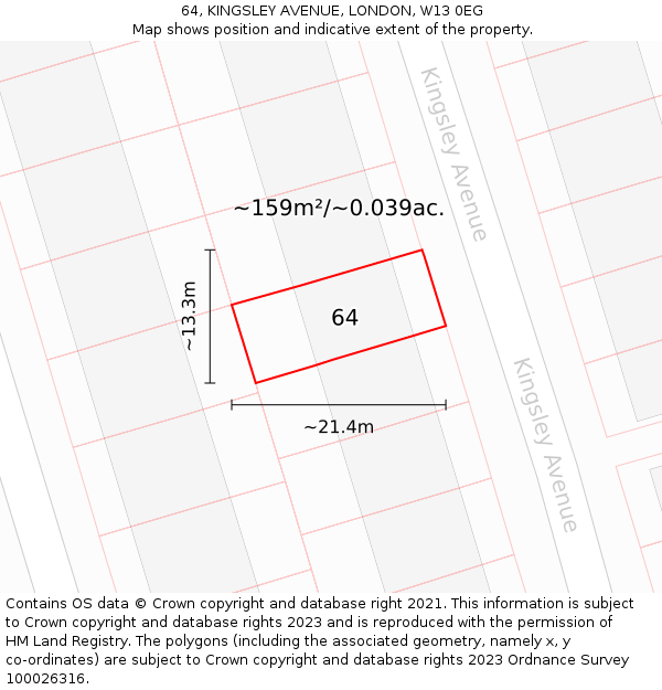 64, KINGSLEY AVENUE, LONDON, W13 0EG: Plot and title map