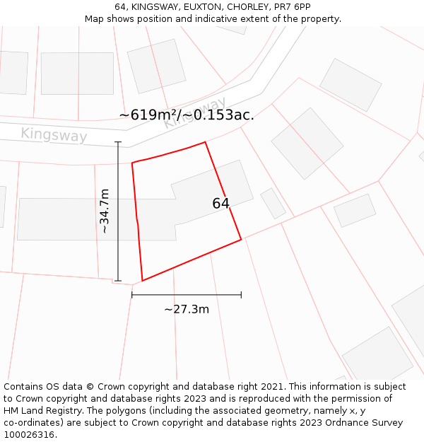 64, KINGSWAY, EUXTON, CHORLEY, PR7 6PP: Plot and title map