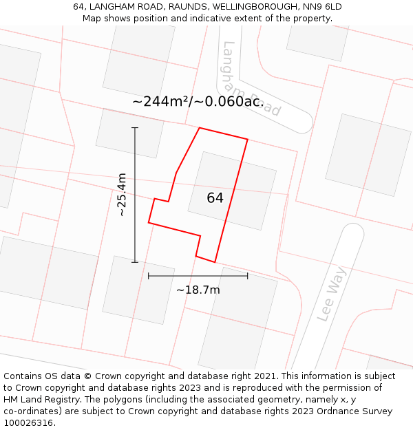 64, LANGHAM ROAD, RAUNDS, WELLINGBOROUGH, NN9 6LD: Plot and title map