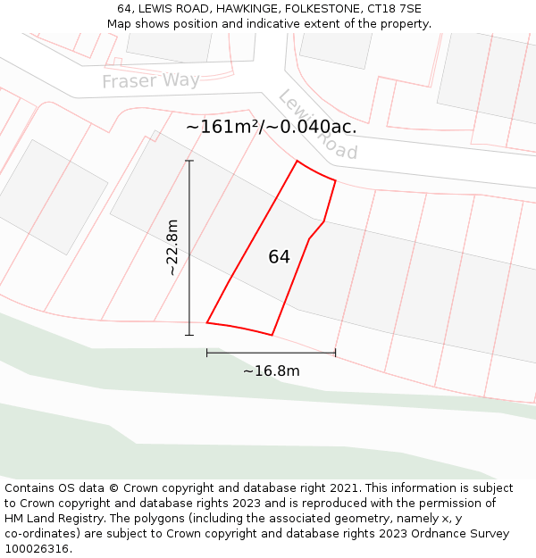 64, LEWIS ROAD, HAWKINGE, FOLKESTONE, CT18 7SE: Plot and title map