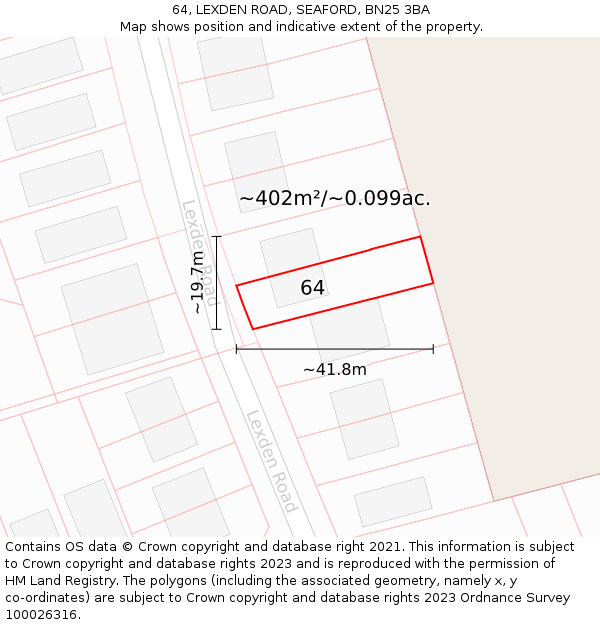 64, LEXDEN ROAD, SEAFORD, BN25 3BA: Plot and title map