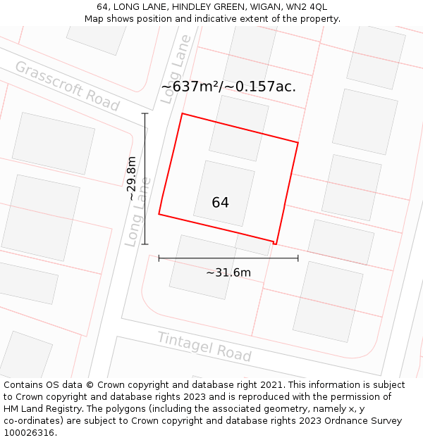 64, LONG LANE, HINDLEY GREEN, WIGAN, WN2 4QL: Plot and title map