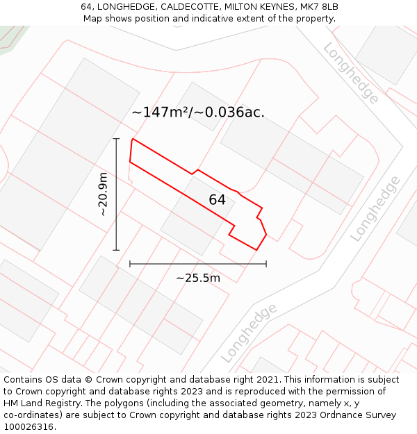 64, LONGHEDGE, CALDECOTTE, MILTON KEYNES, MK7 8LB: Plot and title map