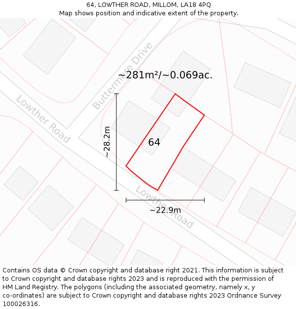 64, LOWTHER ROAD, MILLOM, LA18 4PQ: Plot and title map