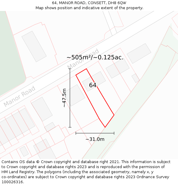 64, MANOR ROAD, CONSETT, DH8 6QW: Plot and title map