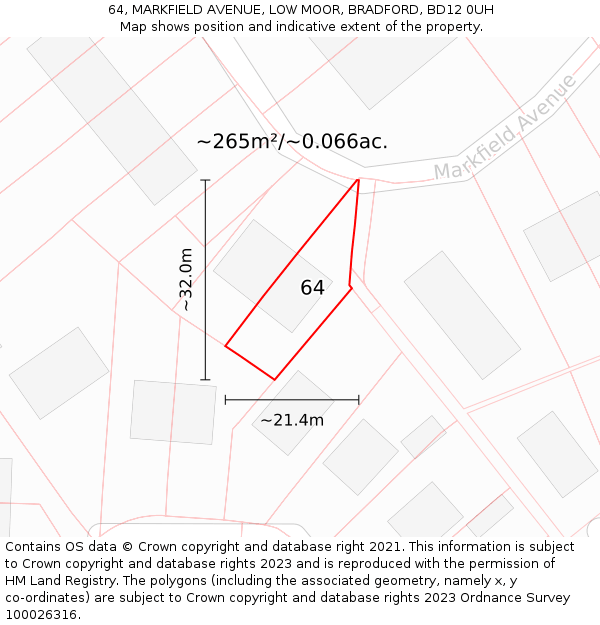 64, MARKFIELD AVENUE, LOW MOOR, BRADFORD, BD12 0UH: Plot and title map