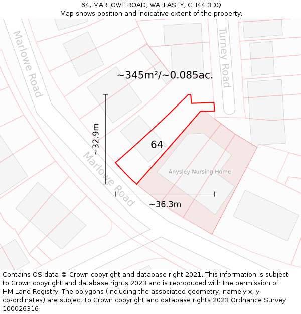 64, MARLOWE ROAD, WALLASEY, CH44 3DQ: Plot and title map