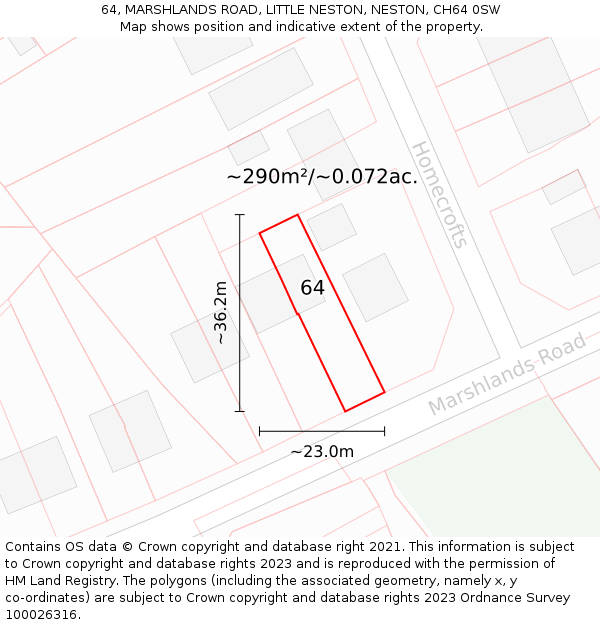 64, MARSHLANDS ROAD, LITTLE NESTON, NESTON, CH64 0SW: Plot and title map