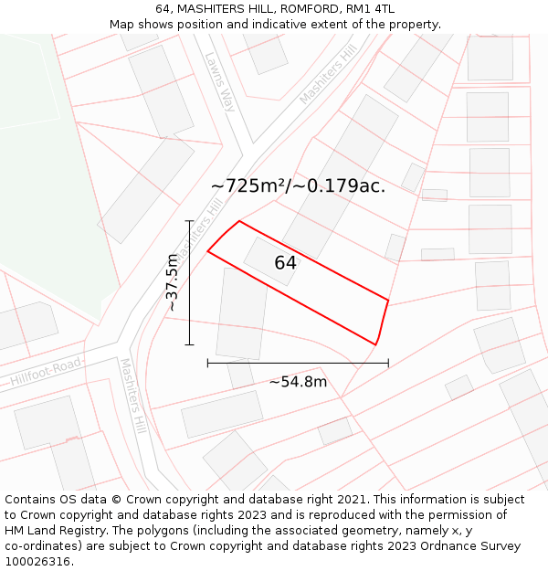 64, MASHITERS HILL, ROMFORD, RM1 4TL: Plot and title map