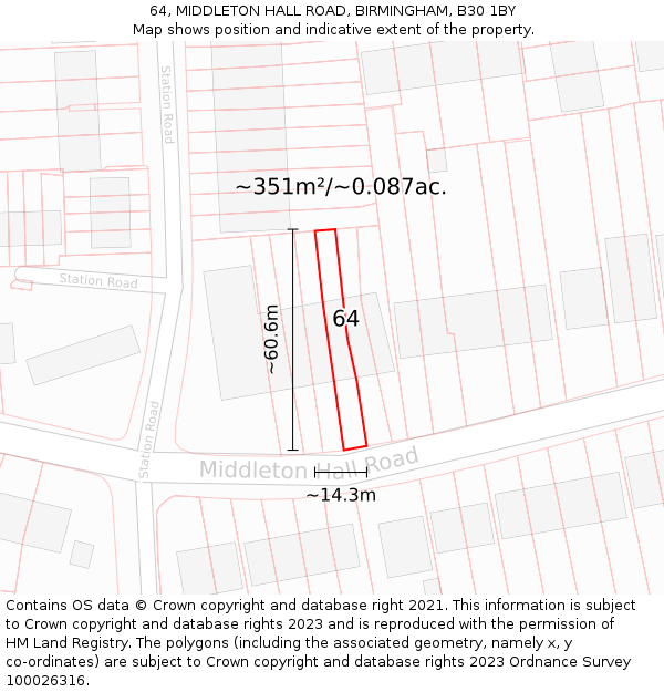 64, MIDDLETON HALL ROAD, BIRMINGHAM, B30 1BY: Plot and title map