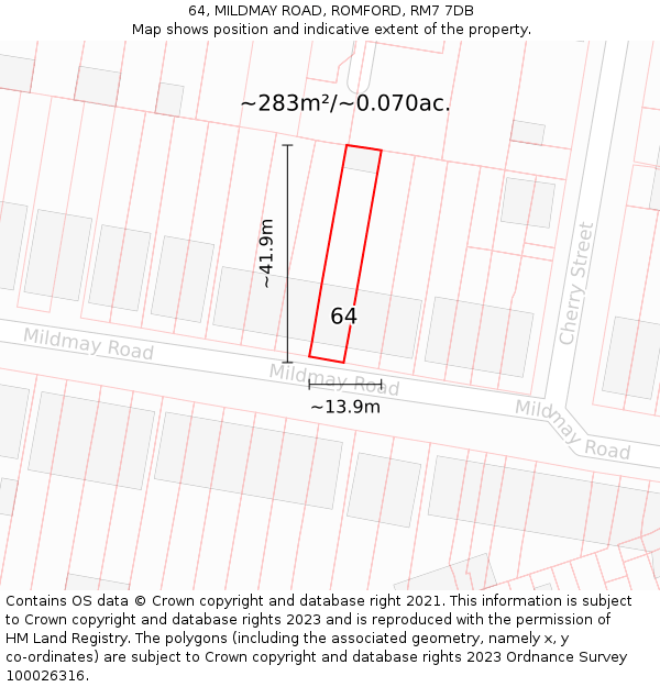 64, MILDMAY ROAD, ROMFORD, RM7 7DB: Plot and title map