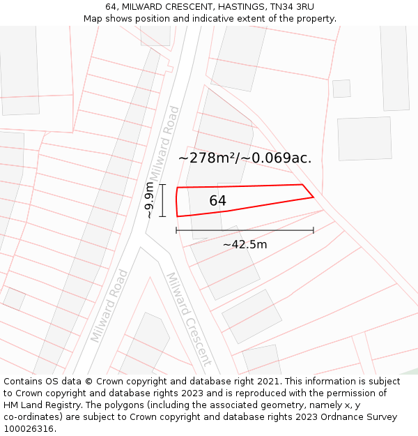 64, MILWARD CRESCENT, HASTINGS, TN34 3RU: Plot and title map