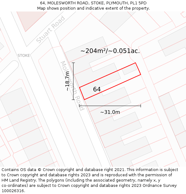 64, MOLESWORTH ROAD, STOKE, PLYMOUTH, PL1 5PD: Plot and title map