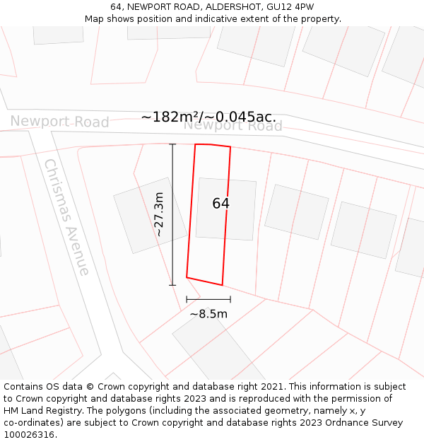 64, NEWPORT ROAD, ALDERSHOT, GU12 4PW: Plot and title map