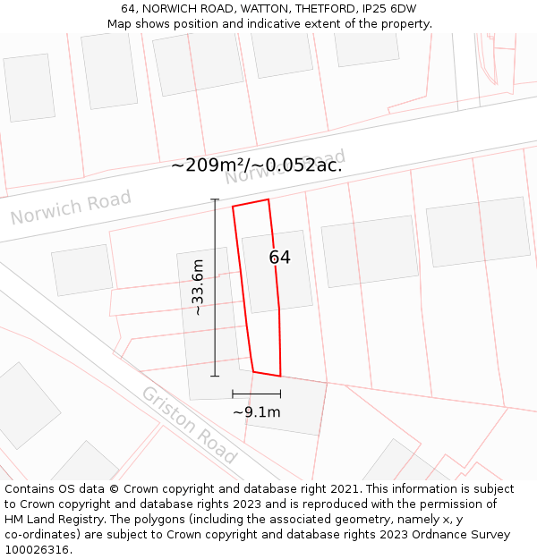 64, NORWICH ROAD, WATTON, THETFORD, IP25 6DW: Plot and title map